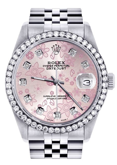 rolex datejust pink floral dial|pink Rolex watch with diamonds.